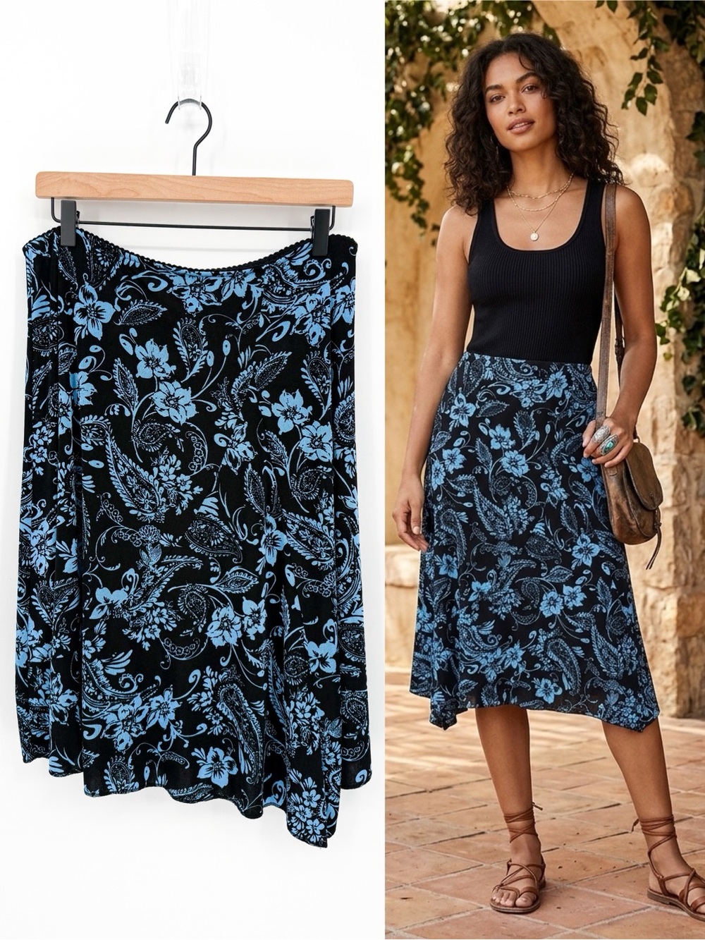Vintage Y2K Jaclyn Smith Floral Paisley Midi Skirt Blue Black Medium
